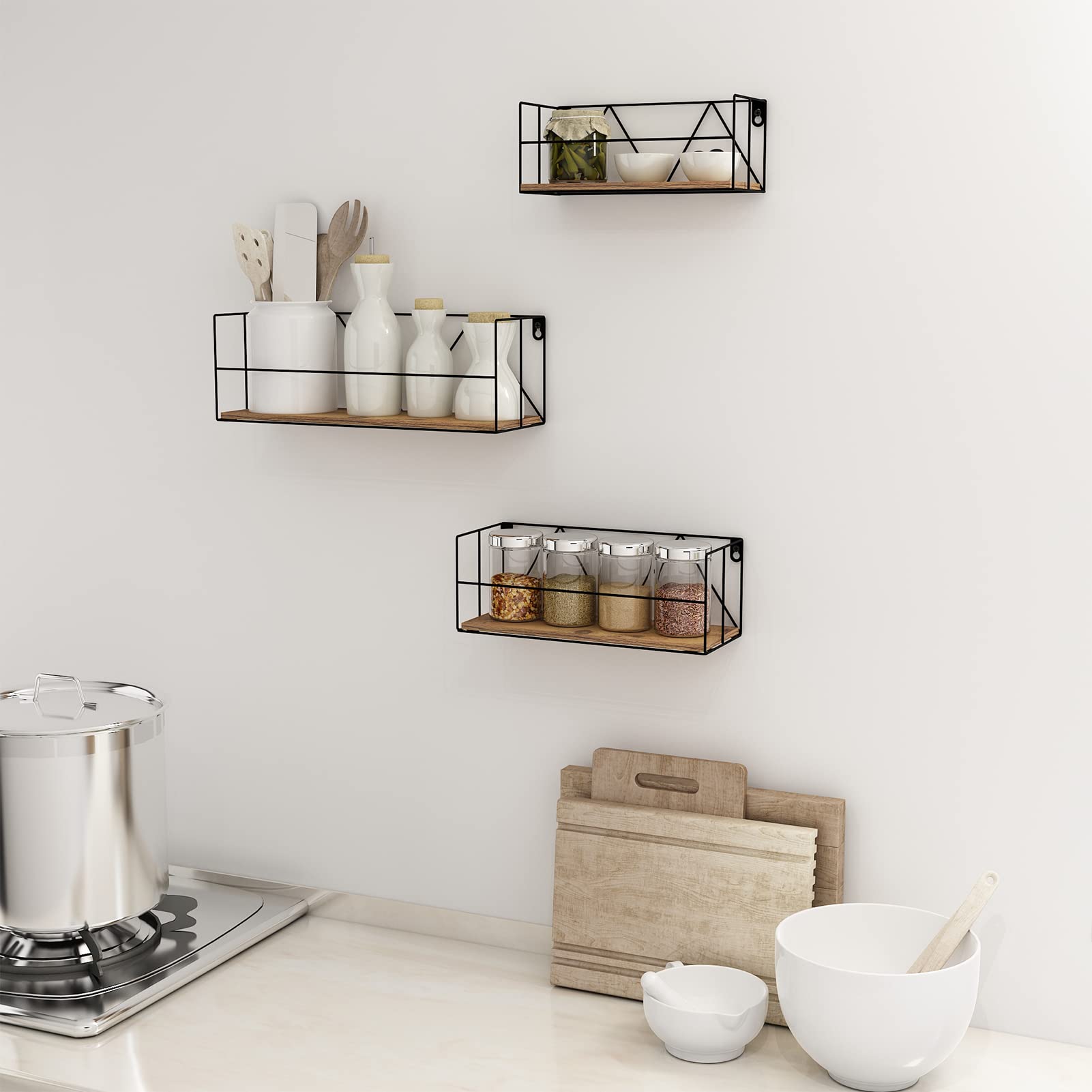 EYMPEU étagère murale lot de 3 noir marron rebord