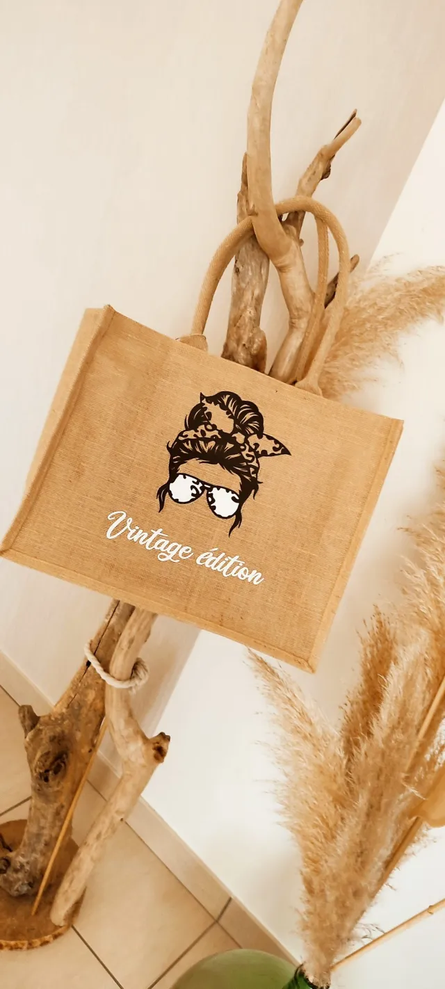 Creat'Angel Sac Jute Vintage Noir Personnalisé 42x33cm