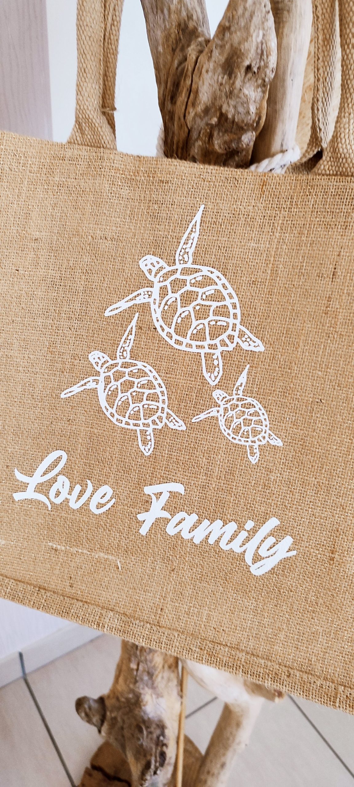 Creat’Angel Tortue sac jute naturel 42 cm floqué