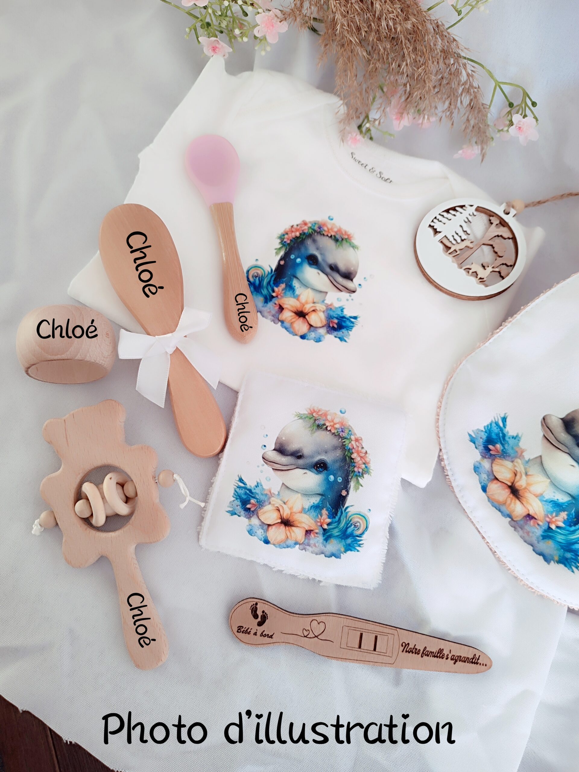 Creat’Angel coffret naissance dauphin body bavoir coton
