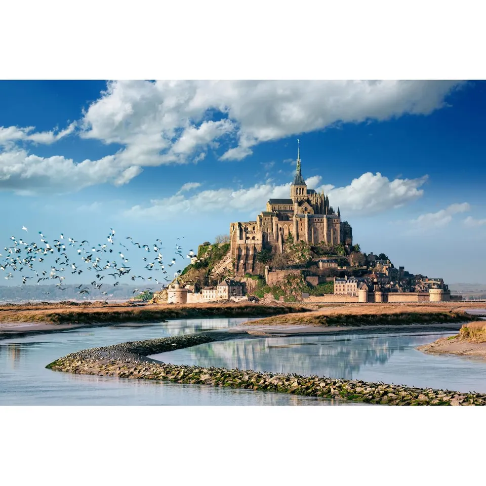 Ceanothe Mont-Saint-Michel marée basse tableau verre 65x97 cm