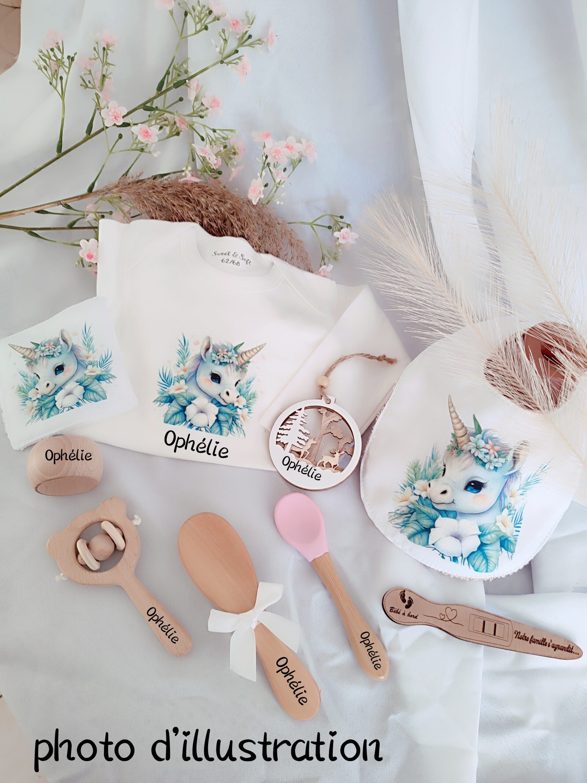 Creat’Angel Coffret Naissance Licorne Body Bavoir Prénom