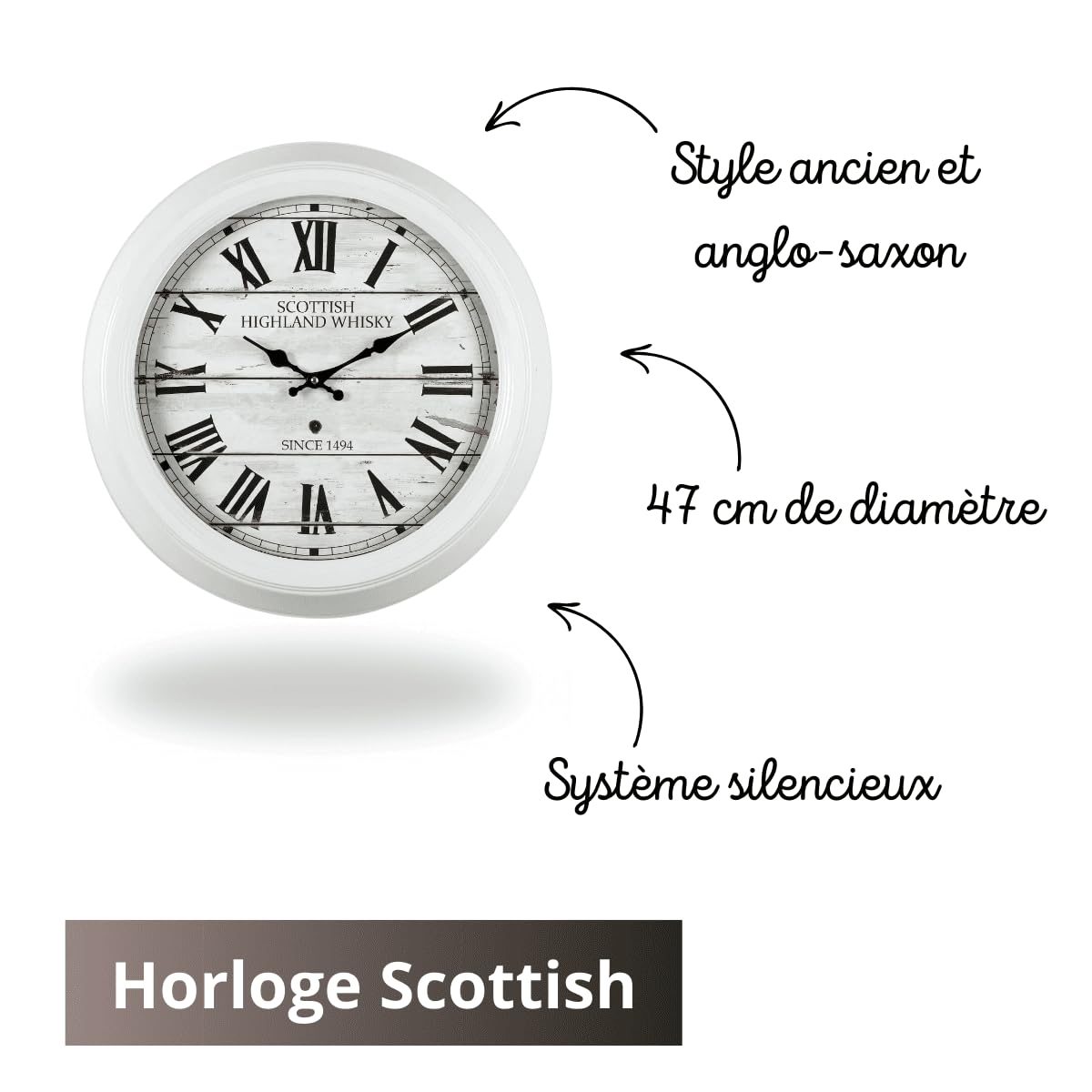 Ceanothe 17015 Scottish horloge murale 47 cm blanc