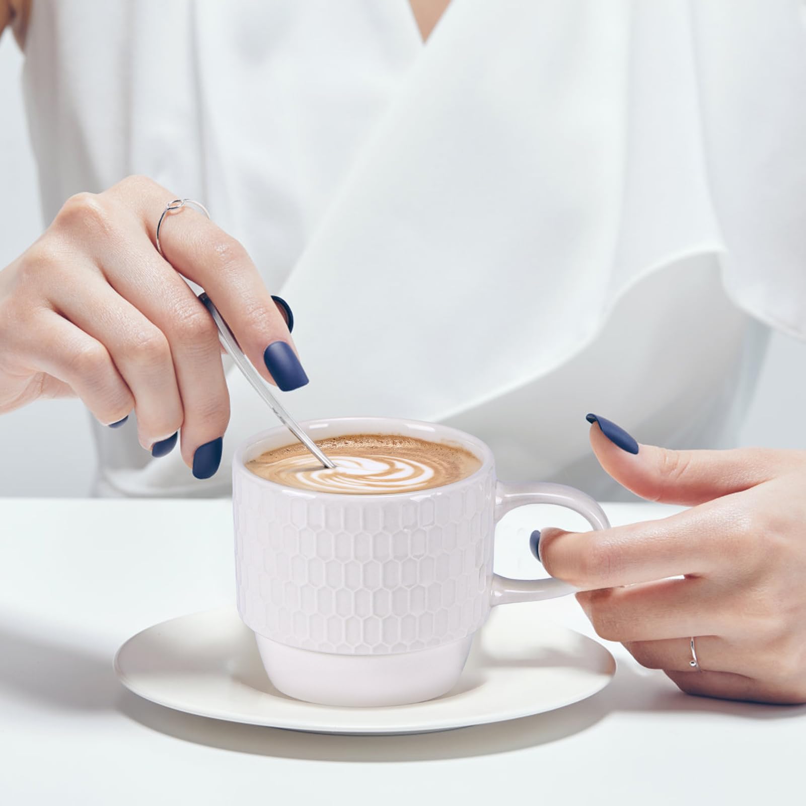 EYMPEU lot 6 mugs café céramique blanc 300 ml texturé