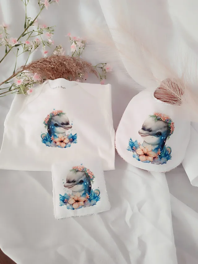 Creat’Angel coffret naissance dauphin body bavoir coton