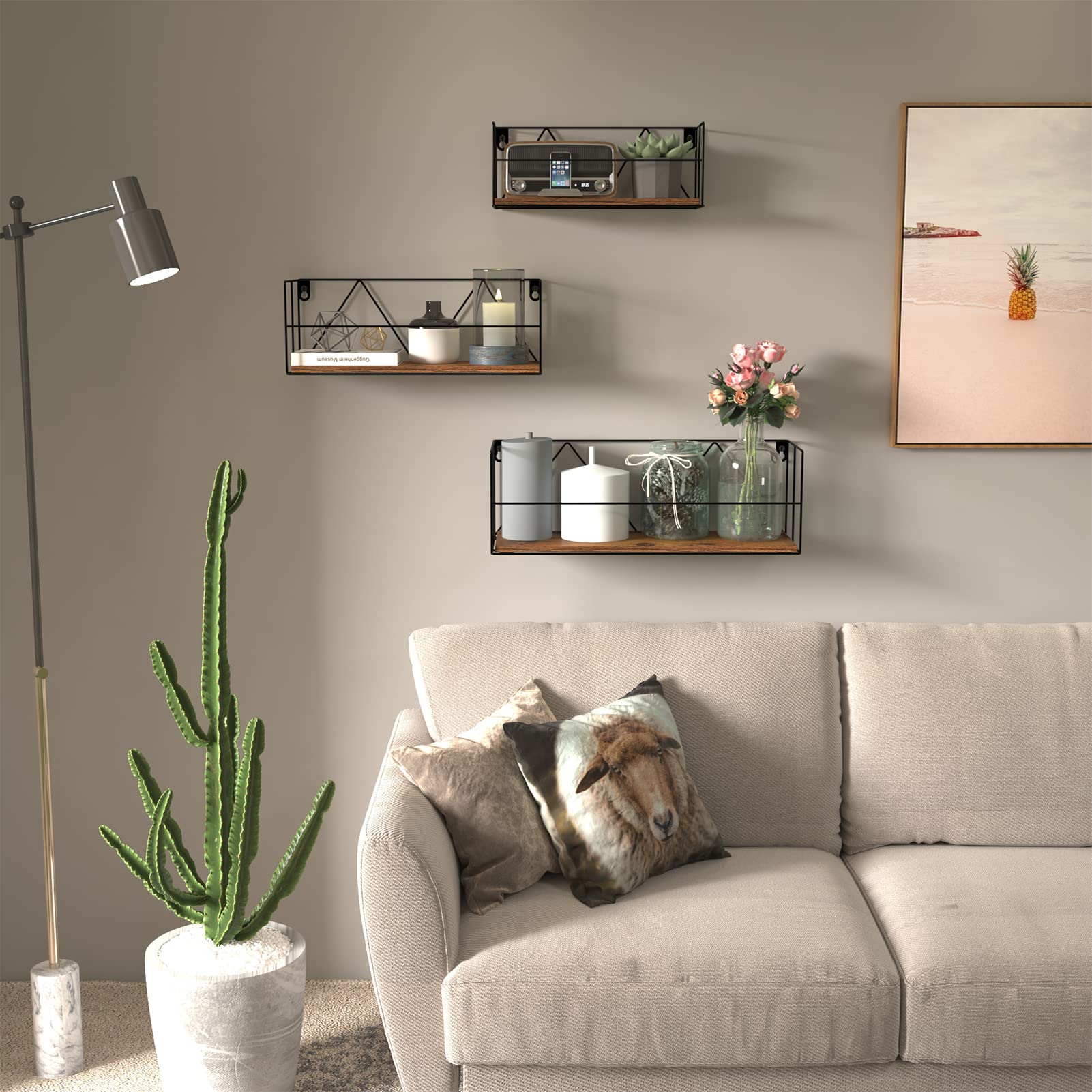 EYMPEU étagère murale lot de 3 noir marron rebord