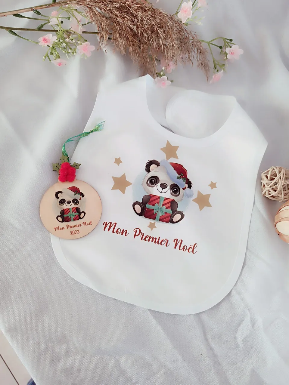 Creat’Angel coffret mon premier noel panda bavoir boule bois