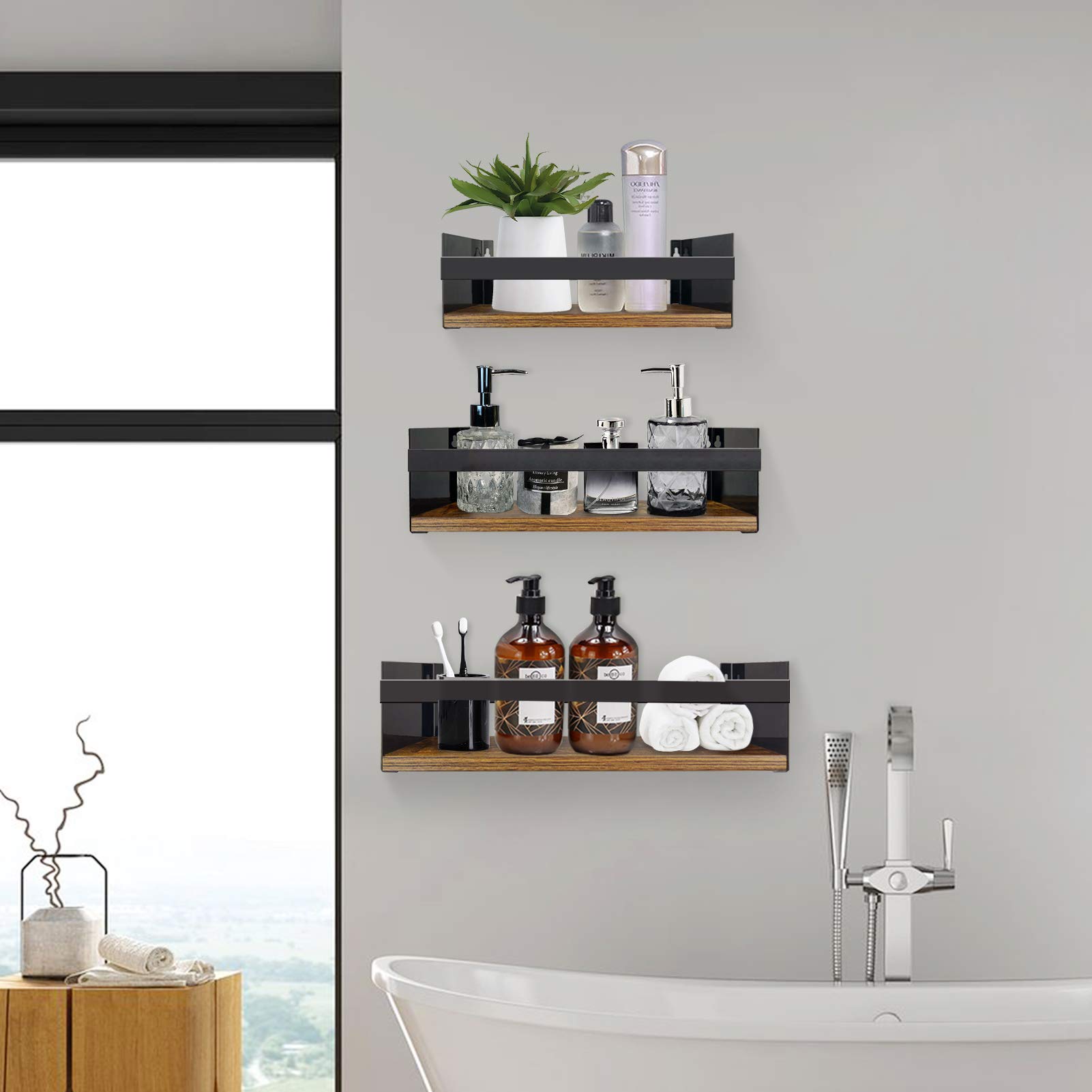 EYMPEU étagère murale flottante bois lot de 3 noir à rebord