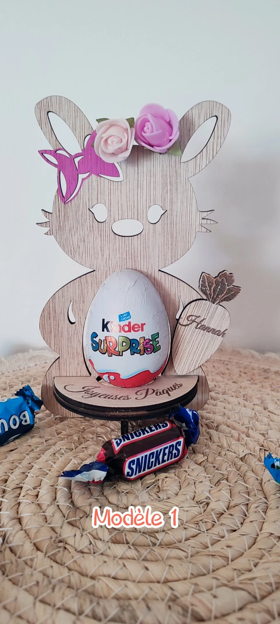 Creat’Angel Porte œuf Pâques support bois prénom 17 cm