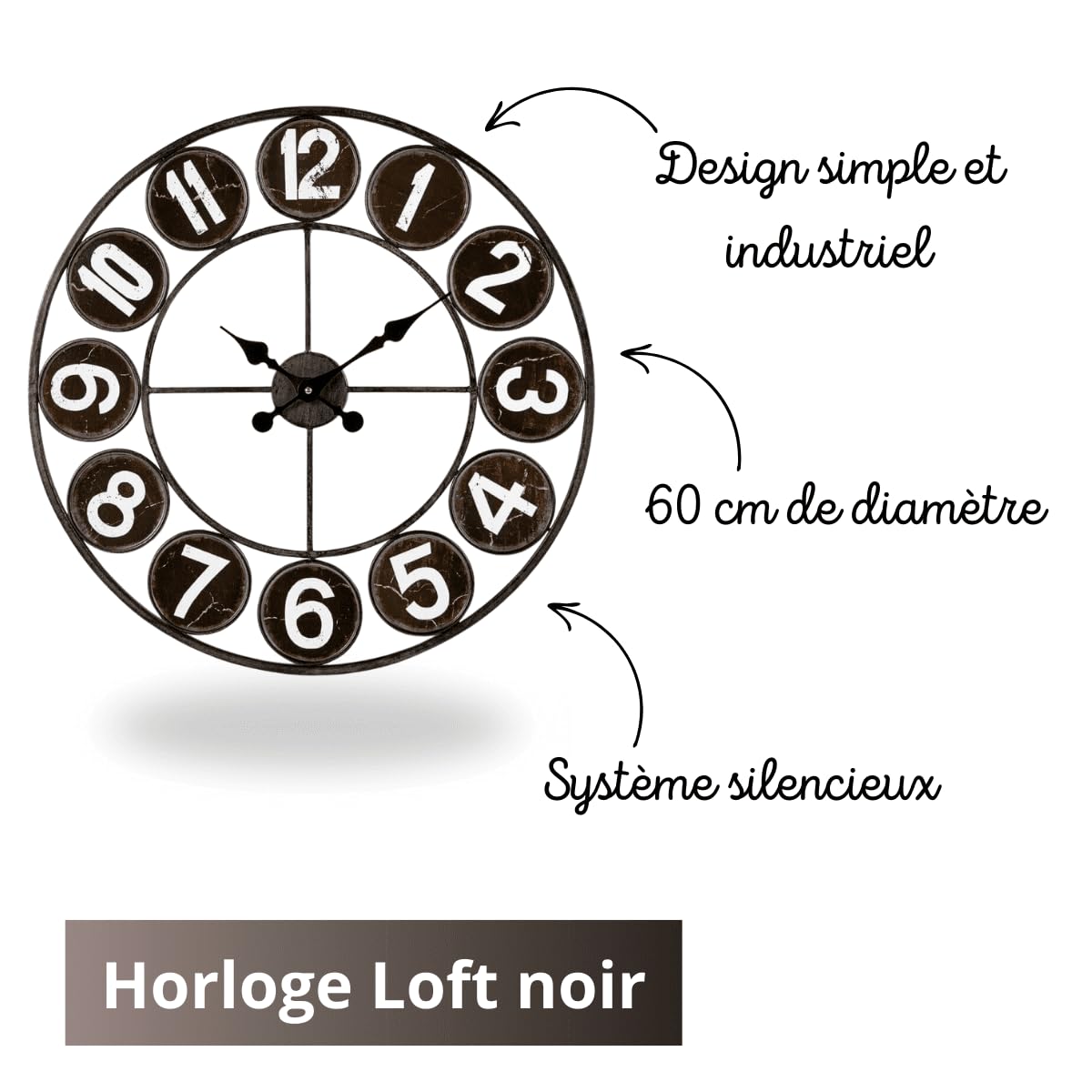 Ceanothe Loft horloge murale noir 60 cm silencieuse