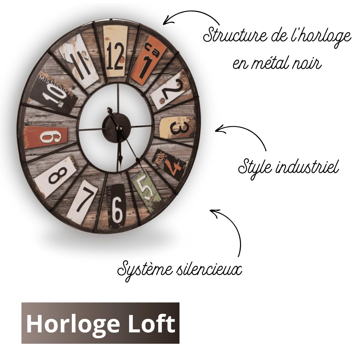 Ceanothe Emotion horloge murale 60 cm métal noir silencieuse