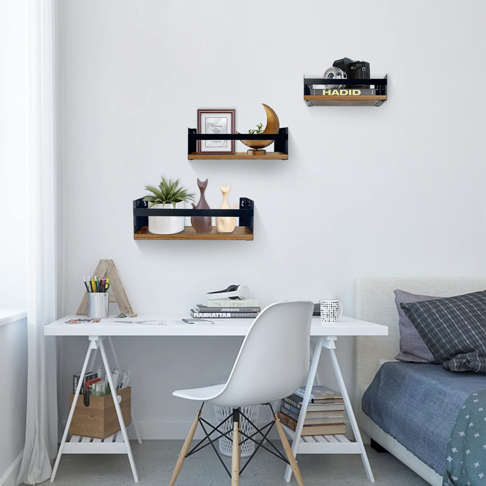 EYMPEU étagère murale flottante bois lot de 3 noir à rebord