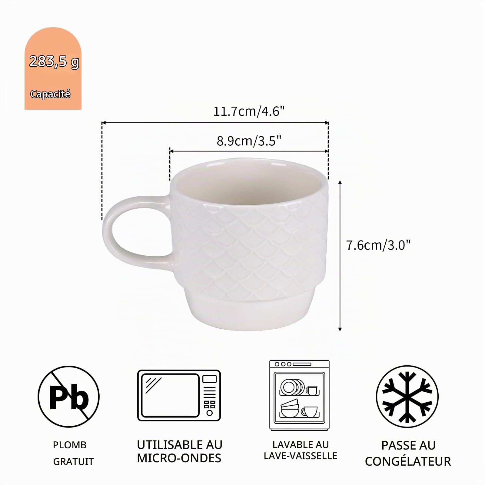 EYMPEU lot 6 mugs café céramique blanc 300 ml texturé