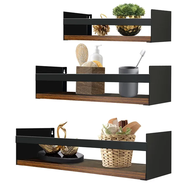 EYMPEU étagère murale flottante bois lot de 3 noir à rebord