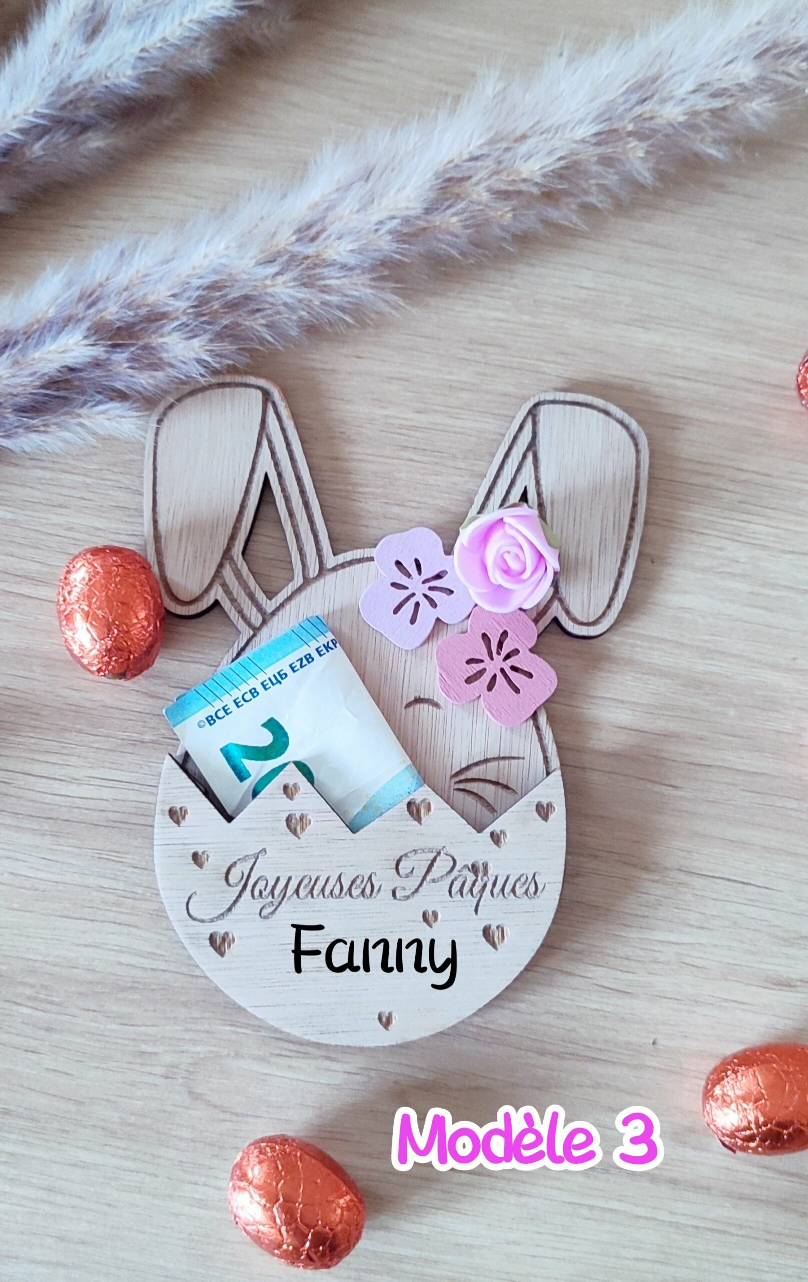 Creat’Angel Pâques porte-billet bois personnalisé 13 cm