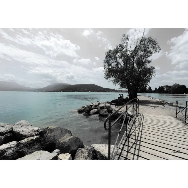 Ceanothe ponton du lac d'Annecy tableau verre synthétique 65x97 cm brillant