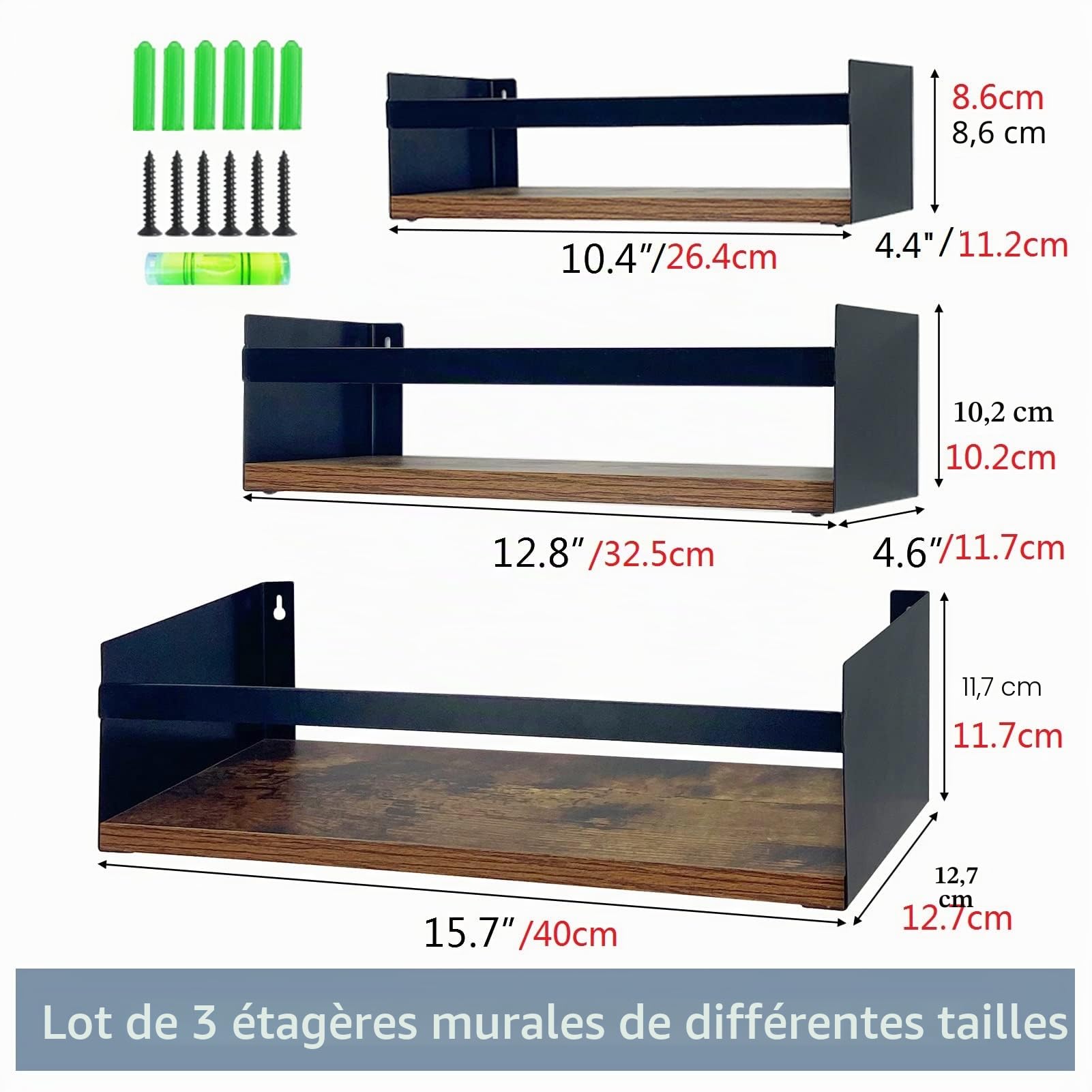 EYMPEU étagère murale flottante bois lot de 3 noir à rebord